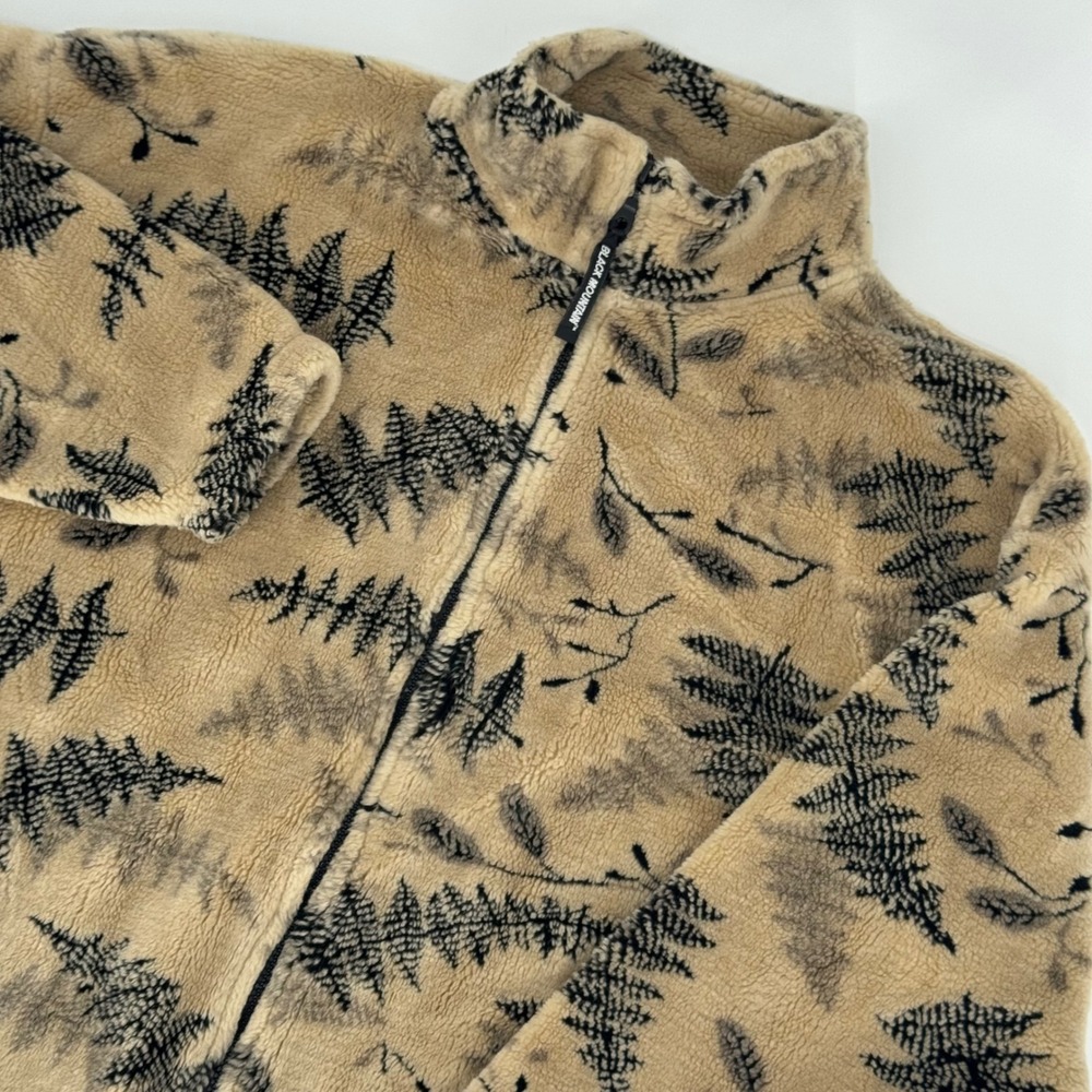 Black Mountain Outdoor Men Large Tan Fern Print Full Zip Sherpa Fleece‎ Jacket